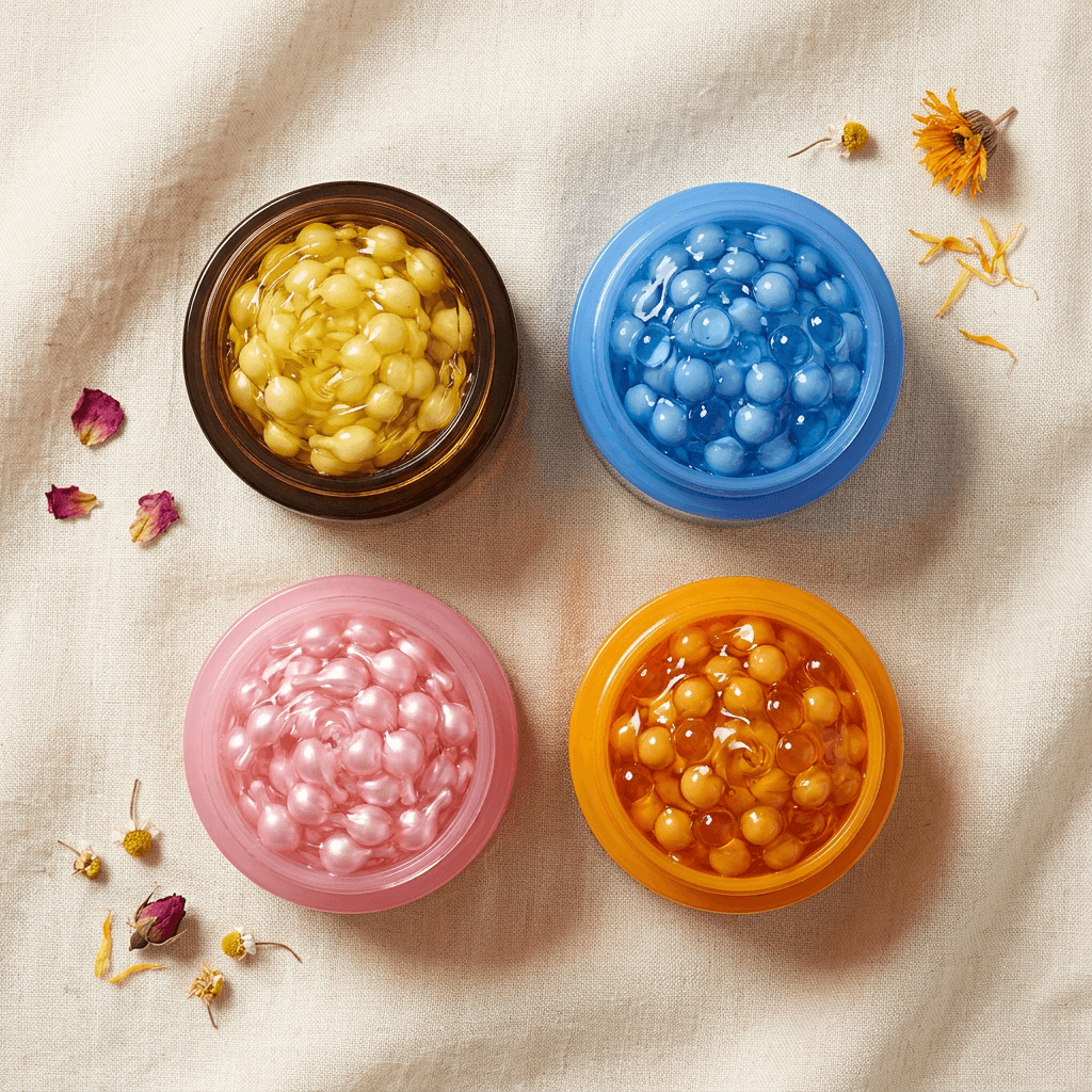 Four colorful Bobäe capsule creams arranged on natural linen