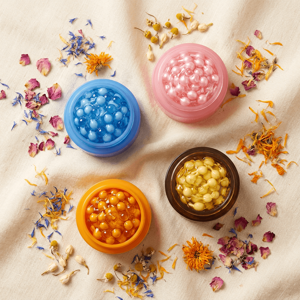 Four colorful Bobäe capsule creams arranged with dried flowers